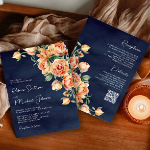 Rustikale erdige Pfirsich-blumige Navy QR-Code-Hoc Einladung