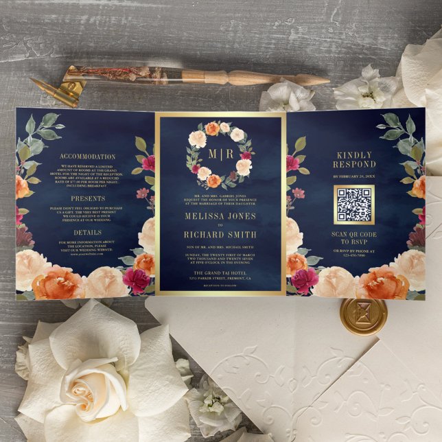 Rustikale Erdkraut QR Code Marine Wedding Dreifach Gefaltete Einladung (Von Creator hochgeladen)