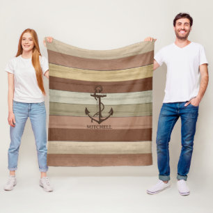 Rustikale Erdton-Holz-Nautik ⚓ Streifen & Anker Fleecedecke