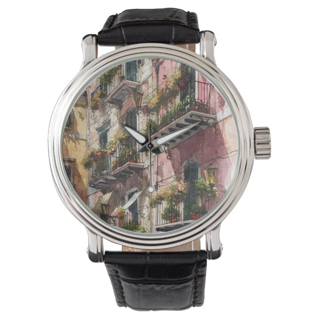 Rustikale Erdtöne Balkonszene Uhr (Vorderseite)