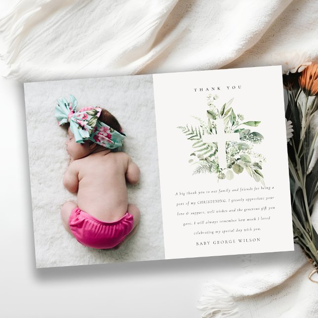 Rustikale Eukalyptus Fauna Cross Foto Christening Dankeskarte (Von Creator hochgeladen)