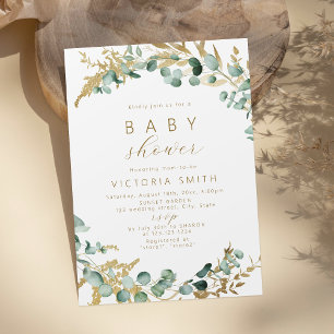 Rustikale Eukalyptus goldgrüne Boho Babydusche Einladung