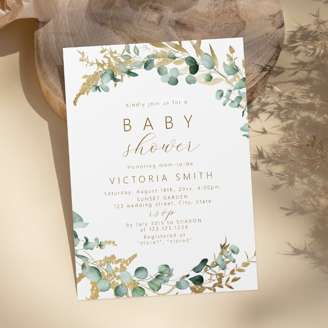 Rustikale Eukalyptus goldgrüne Boho Babydusche Einladung (Rustic eucalyptus gold greenery boho Baby Shower Invitation)
