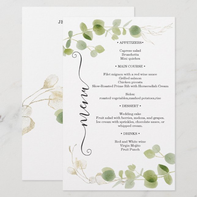 Rustikale Eukalyptus-Grün-Gold-Chic-Hochzeitsmenü (Vorne/Hinten)