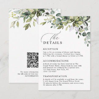 Rustikale Eukalyptus-Grün-QR-Code-Hochzeitsdetails Begleitkarte