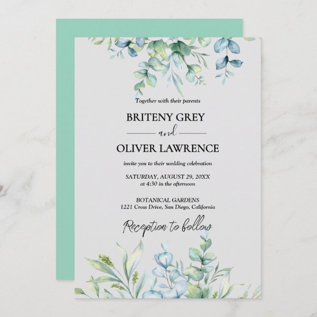 Rustikale Eukalyptus-Grüne Hochzeit Einladung (Vorne/Hinten)