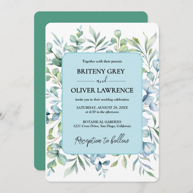 Rustikale Eukalyptus-Grüne Hochzeit Einladung (Vorne/Hinten)