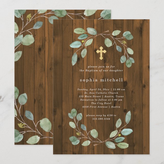 Rustikale Eukalyptus-Grüne und Goldkreuz Einladung (Vorne/Hinten)
