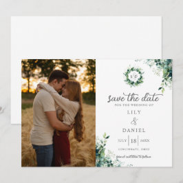 Rustikale Eukalyptus-Grünmonogramm-Foto-Hochzeit Save The Date