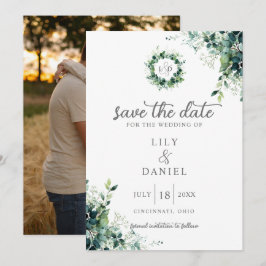 Rustikale Eukalyptus-Grünmonogramm-Foto-Hochzeit Save The Date