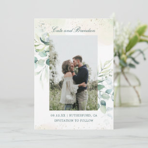 Rustikale Eukalyptus-Grünpflanzen-Hochzeitsfoto el Save The Date