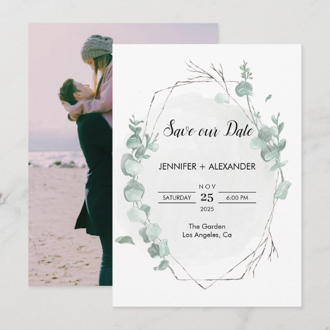 Rustikale Eukalyptus--Karte Einladung (Vorne/Hinten)