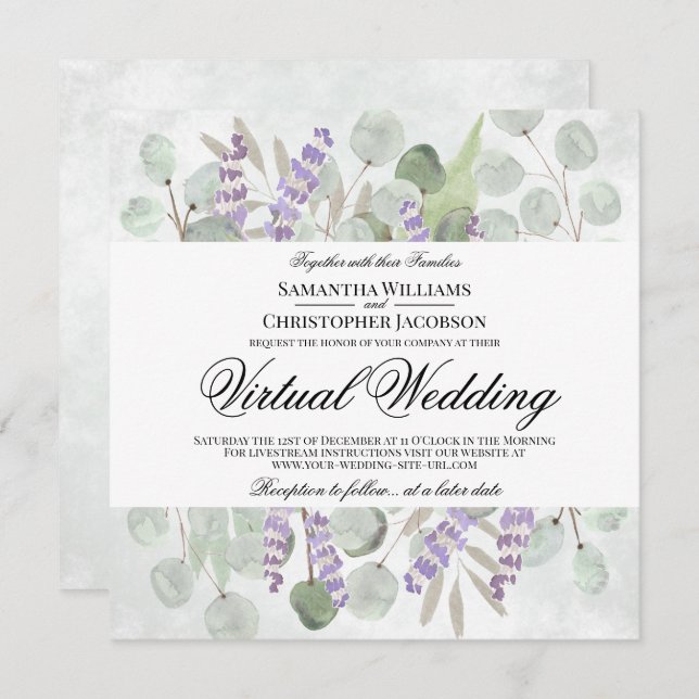Rustikale Eukalyptus & Lavender Virtual Wedding Einladung (Vorne/Hinten)