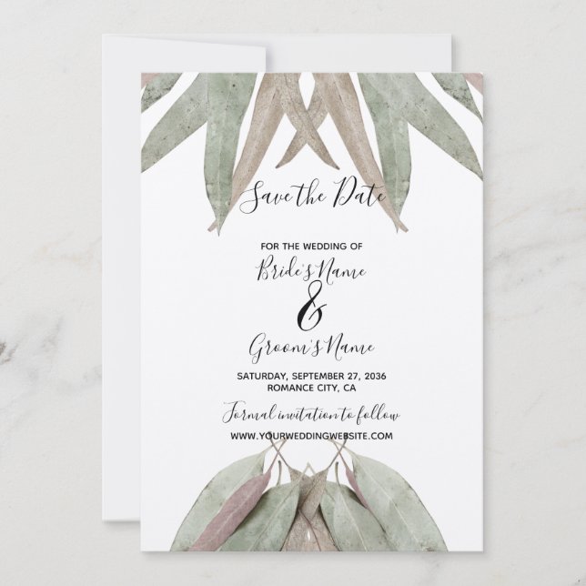 Rustikale Eukalyptus-Leaf-Hochzeit rettet das Datu Save The Date (Vorderseite)