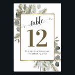 Rustikale Eukalyptus & Pine Elegante Boho Wedding Tischnummer<br><div class="desc">Machen Sie Ihren Hochzeitsempfang mit diesen Tischnummern schön. Sie zeichnen sich durch ein wunderschönes Design aus, das durch eine laksige Schriftzeichen-Kalligraphie umgeben ist, die von einer Fülle von Eukalyptus-Blätter und Kiefernästen in Weiß- und Goldtönen umgeben ist. Es gibt Platz für die Namen des Ehepaares und des Hochzeitstages sowie für die...</div>