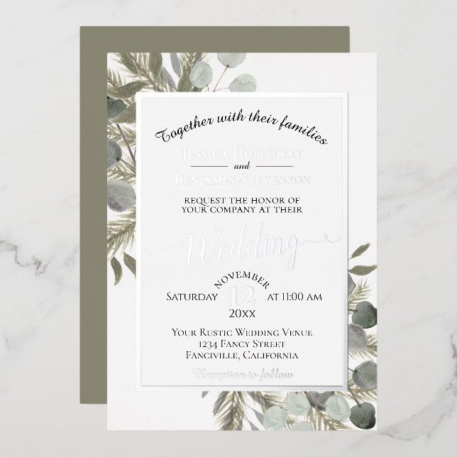Rustikale Eukalyptus & Pine Elegante Silberhochzei Folieneinladung (Vorderseite/Rückseite)
