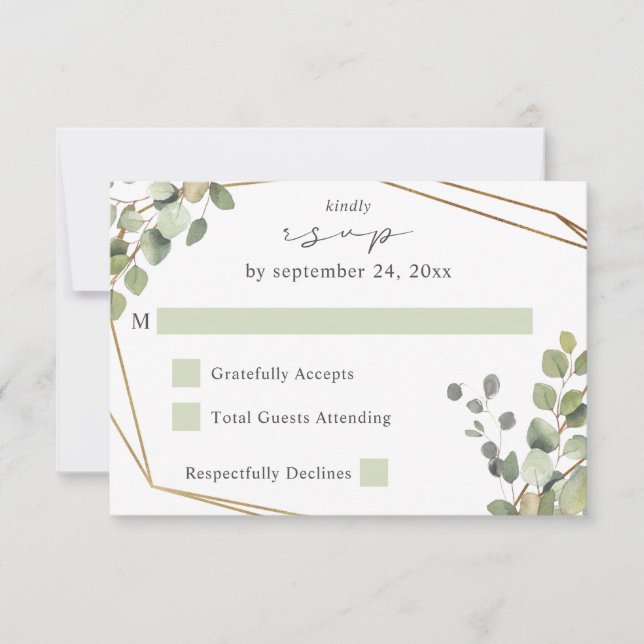 Rustikale Eukalyptus- und Goldrahmen zu den Mahlze RSVP Karte (Vorderseite)
