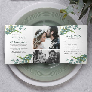 Rustikale Eukalyptusblätter Foto Collage Hochzeit Dreifach Gefaltete Einladung