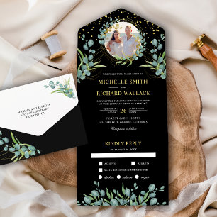 Rustikale Eukalyptusblätter Foto Schwarze Hochzeit All In One Einladung