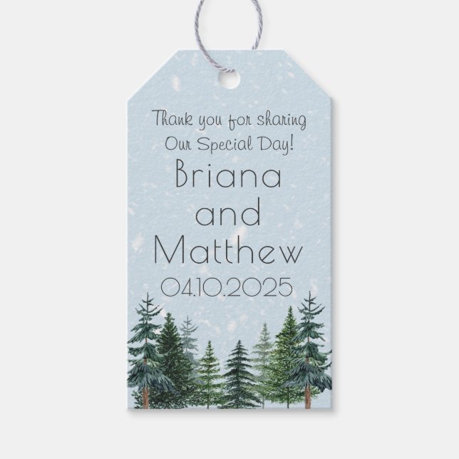 Rustikale Evergreen Winter Pine Wedding Geschenkanhänger (Vorderseite)
