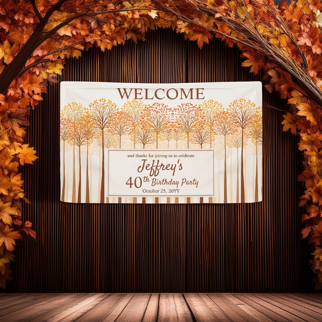 Rustikale Fall Bäume Terracotta 40. Geburtstag Par Banner (Elegant fall trees welcome banner for a memorable 40th birthday celebration.)