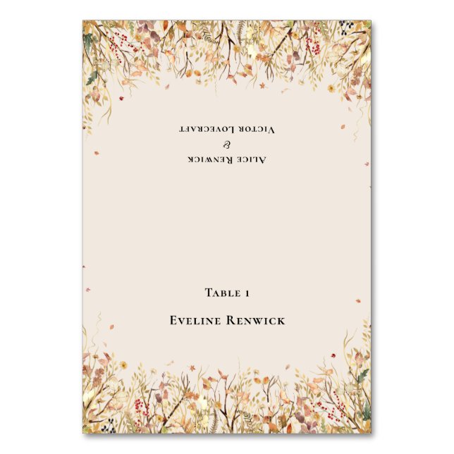 Rustikale Fall-Beige-Platzkarte für Hochzeiten Tischnummer (Vorderseite)