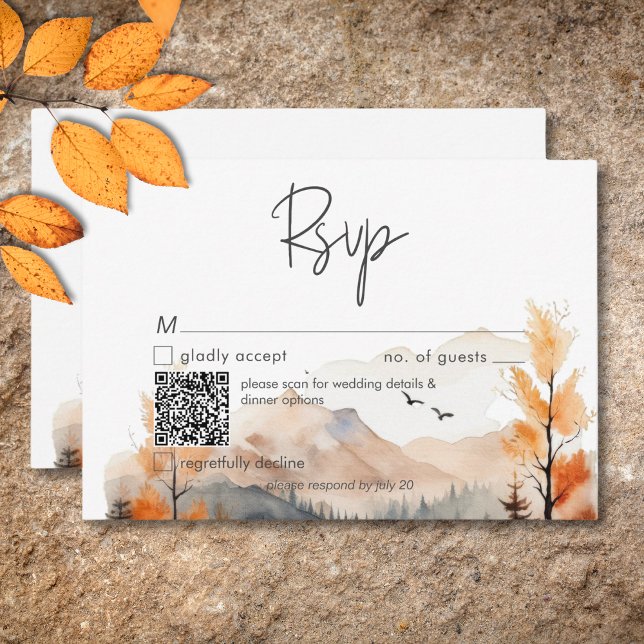 Rustikale Fall-Berglandschaft Wasserfarbe QR Code RSVP Karte (Rustic Fall Mountain Scene Watercolor QR Code RSVP Card)