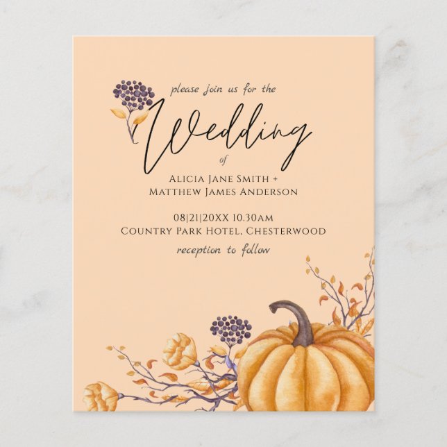 Rustikale Fall Coral Pumpkin Budget Hochzeit lädt  (Vorderseite)