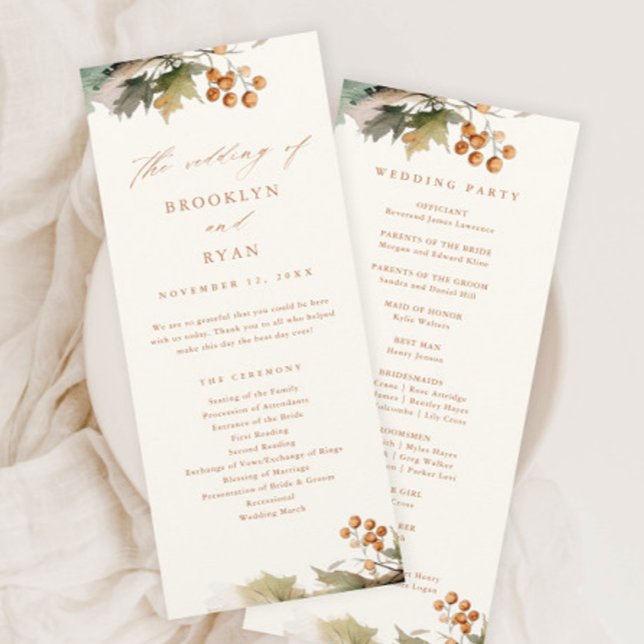 Rustikale Fall Grüne Blätter Foliage Wedding Programm (A Rustic Wedding Program with Elegant Watercolor Autumn Greenery Leaves and Foliage.)