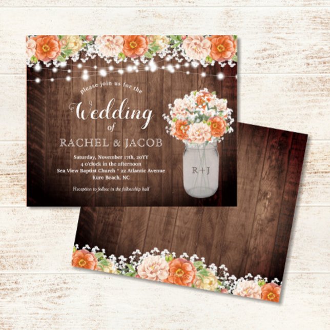 Rustikale Fall Orange Mason Jar Lights Hochzeit (Rustic Mason Jar with Fall Florals & String Lights Wedding Invitation)