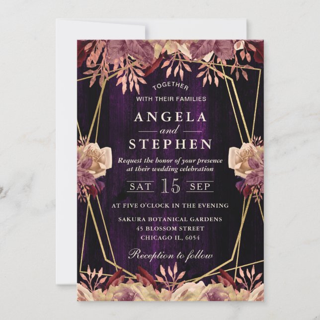 Rustikale Fall Purple Flowers Gold Frame Wedding Einladung (Vorderseite)