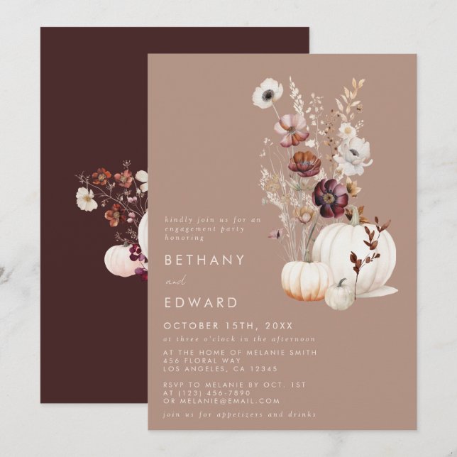 Rustikale Fall Taupe florale Pumpkin Engagement Pa Einladung (Vorne/Hinten)