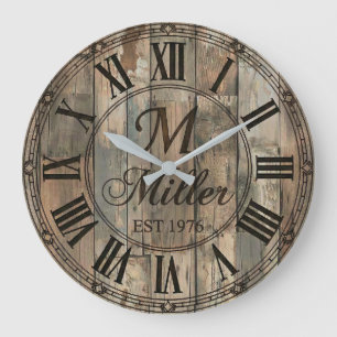 Rustikale Familienmonogramm-Wanduhr Holz-Optik Große Wanduhr
