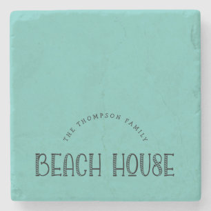 Rustikale Familienname Beach House Typografie Aqua Steinuntersetzer