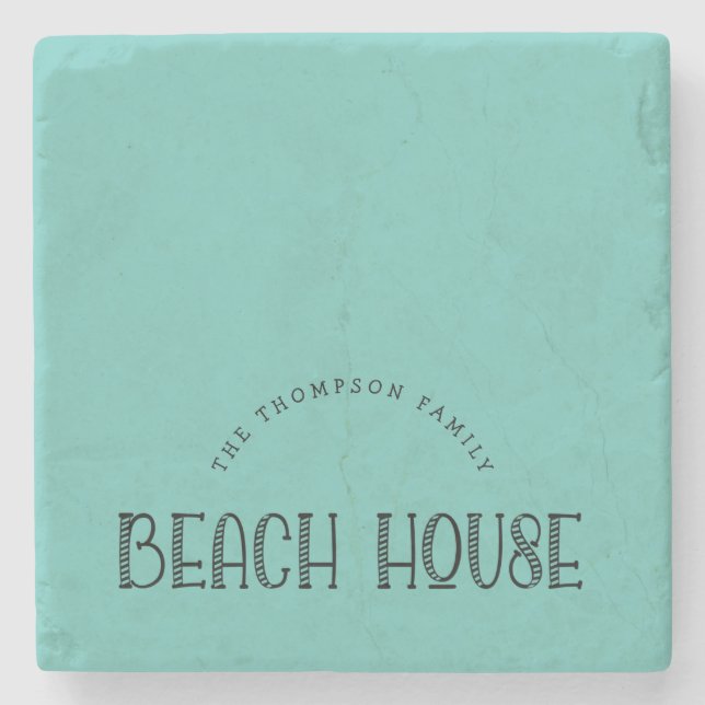 Rustikale Familienname Beach House Typografie Aqua Steinuntersetzer (Vorderseite)