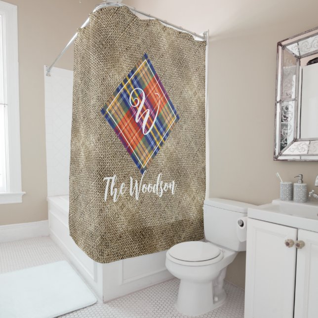 Rustikale Familiennamen, Mit Monogramm Burlap Duschvorhang (Beispiel)