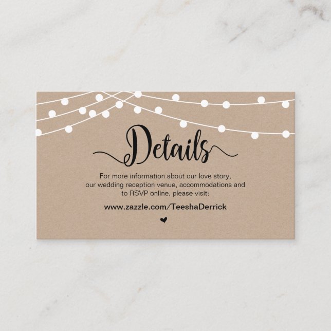 Rustikale Farm String Lights, Hochzeitdetails Begleitkarte (Vorderseite)