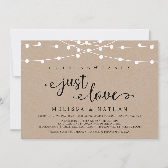 Rustikale Farm String Lights, Kraft Wedding Elopem Einladung (Vorderseite)