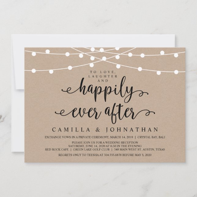 Rustikale Farm String Lights, Kraft Wedding Elopem Einladung (Vorderseite)