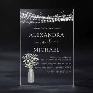 Rustikale Farmhouse-Babys-Breath-Glas-Hochzeit Acryleinladungen
