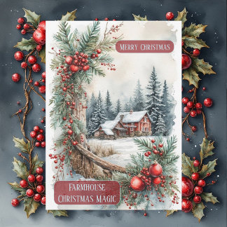 Rustikale Farmhouse-Weihnachtszauber-Land-Beeren Feiertagskarte