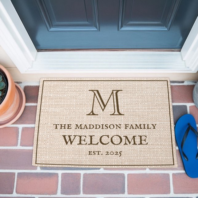 Rustikale Faux-Jute Familienmonogramm Willkommen B Fußmatte (Von Creator hochgeladen)