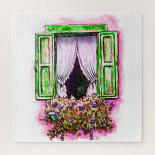 Rustikale Fenster: Aquarellbilder-Angebot. Puzzle