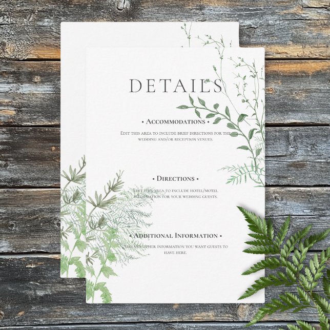 Rustikale Fern Green Foliage White Wedding Details Begleitkarte (Rustic Fern Green Foliage White Wedding Details Enclosure Card)