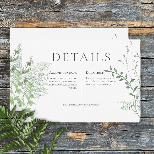 Rustikale Fern Green Foliage White Wedding Details Begleitkarte (Rustic Fern Green Foliage White Wedding Details Enclosure Card)