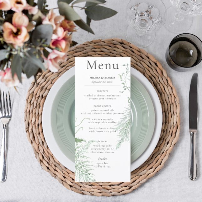 Rustikale Fern Green Foliage White Wedding Long Menükarte (Von Creator hochgeladen)