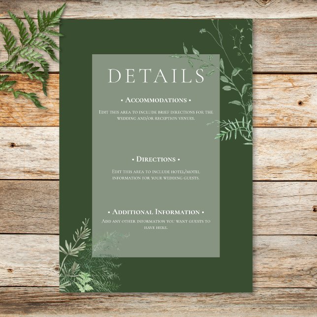 Rustikale Fern Green Folies Smaragdgrüne Details Begleitkarte (Rustic Fern Green Foliage Emerald Green Details Enclosure Card)