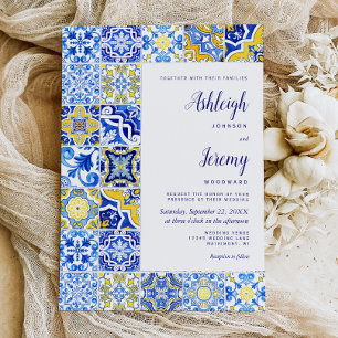 Rustikale Fliesen Hochzeitseinladung in Blau und G Einladung