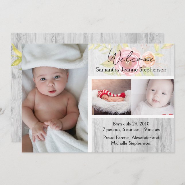 Rustikale Flora 3 Foto Girl Baby Geburtsankündigun Einladung (Vorne/Hinten)