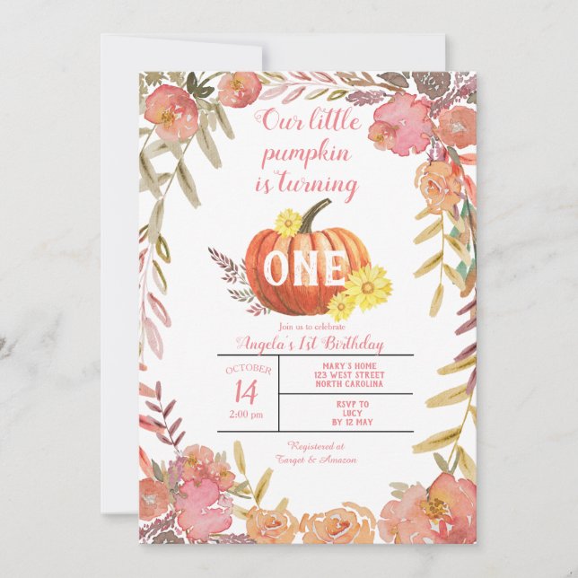 Rustikale Flora Kürbis Herbst 1. Geburtstag Einladung (Vorderseite)